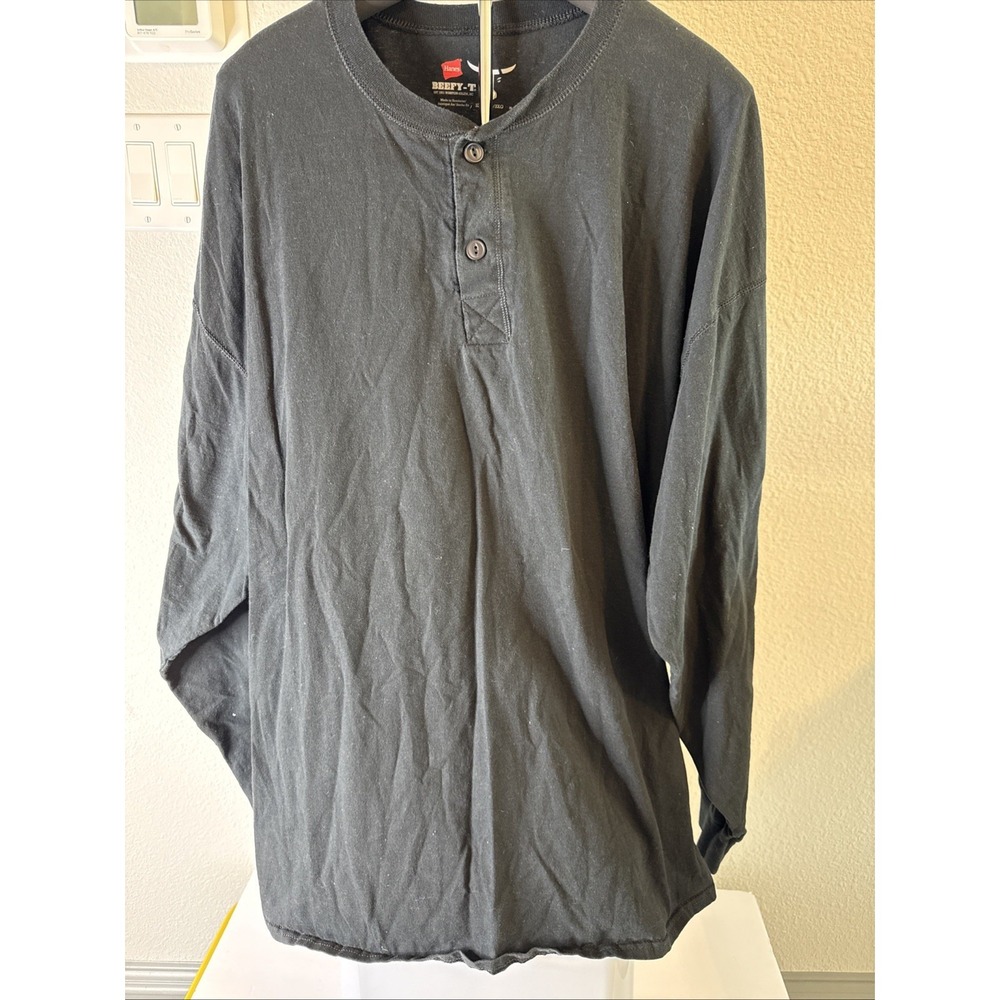 Hanes Men's L Long Sleeve Beefy Tee T-Shirt‎ Black Henley All Cotton Size 3XL